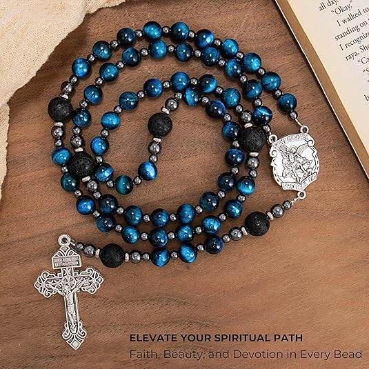 Men's Blue Tiger Eye Rosary with Lava Beads Saint Michael Medal & Cross – Gift Box Included - Nazareth Store