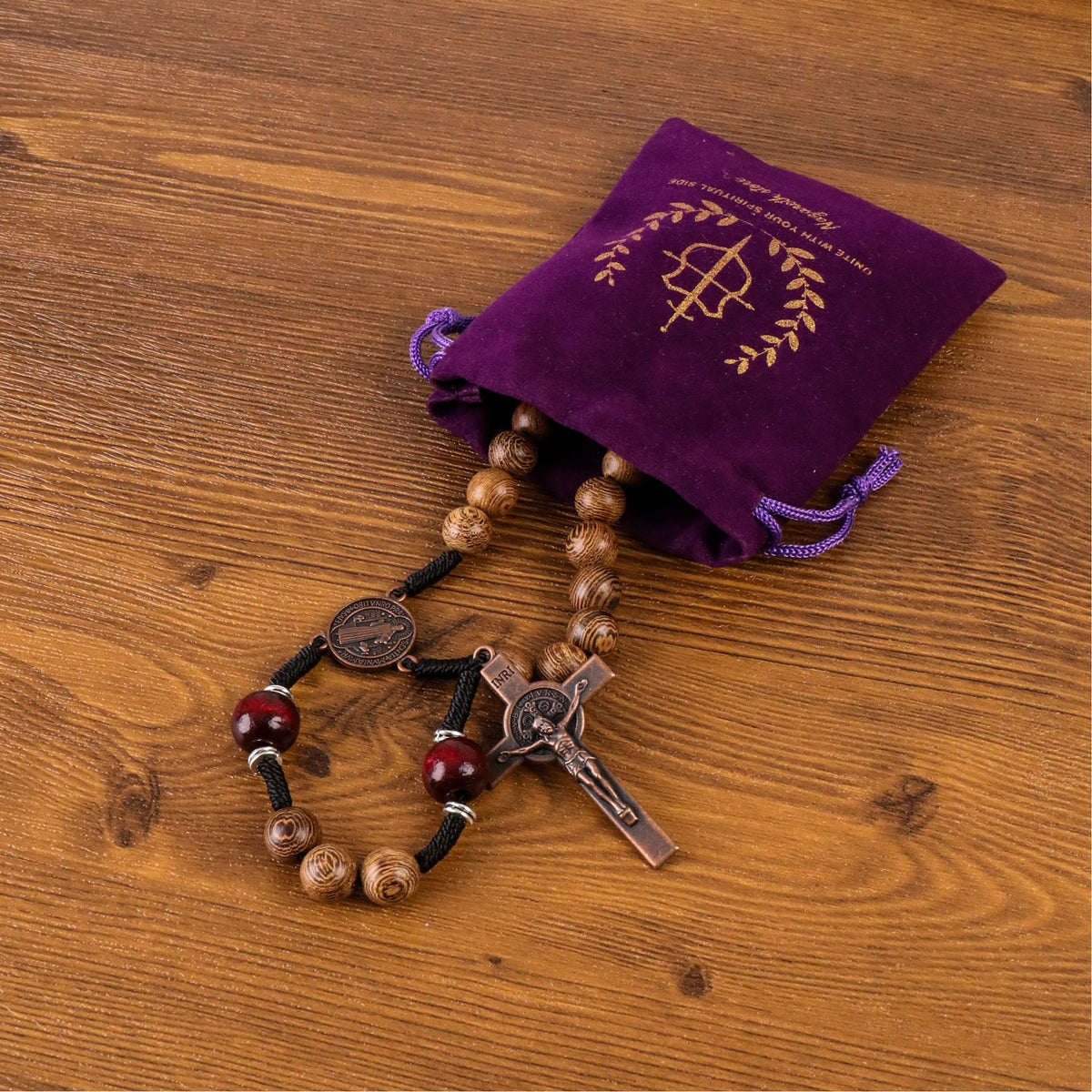 10mm olive wood beads and 12mm dark red wood mystery beads, this rosary offers a bold, strong design that’s perfect for men.