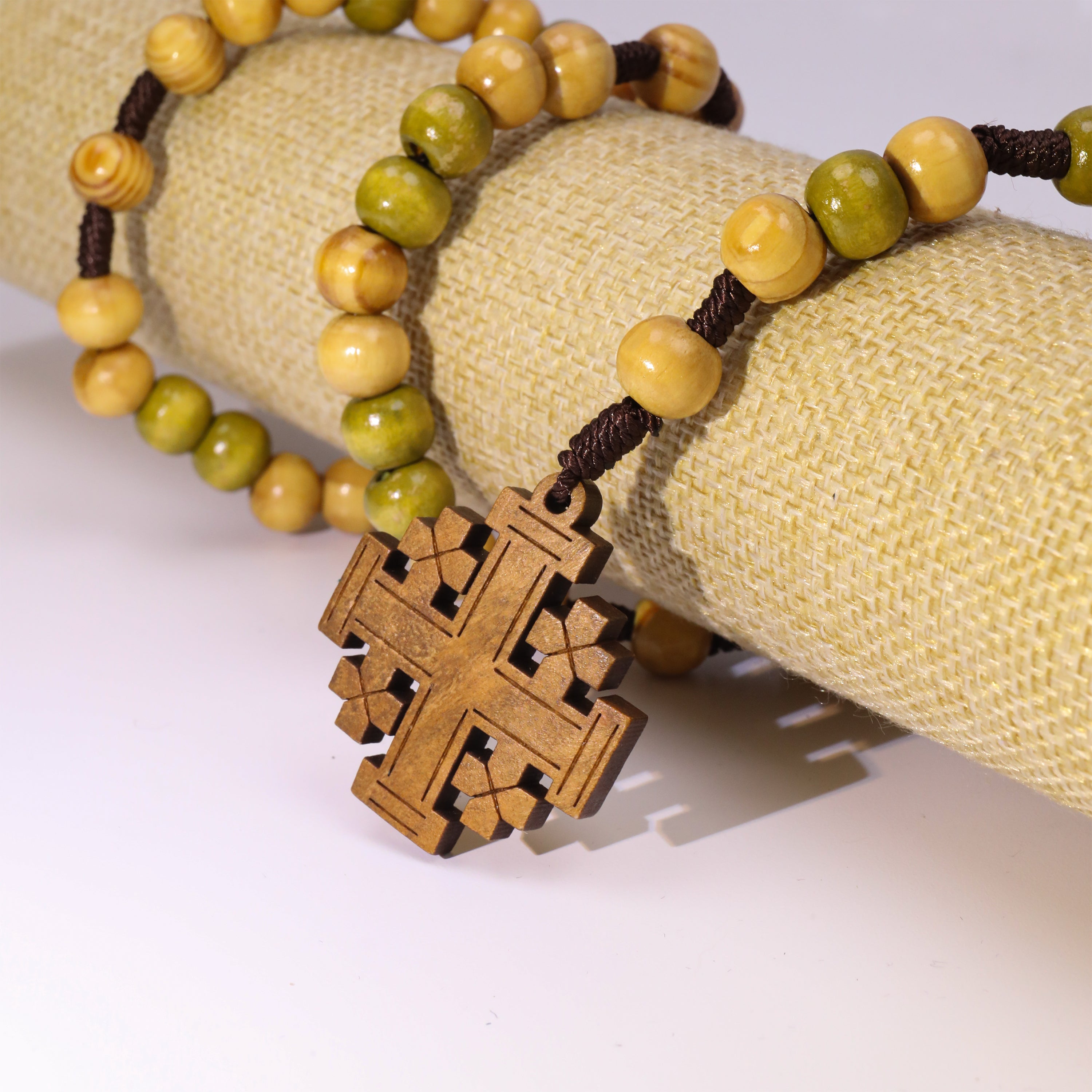 Handcrafted Olive Wood Prayer Rosary with Jerusalem Cross Catholic Car Protection Chaplet-Nazareth Store
