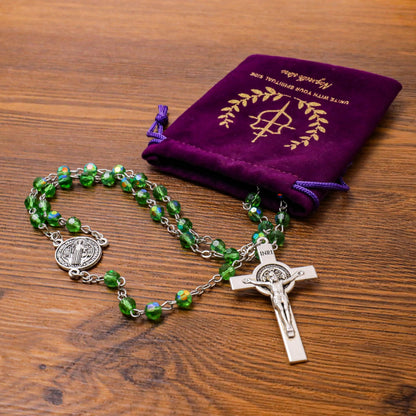  Green Crystallized Glass Beads Rosary Necklace with St Benedict Medal & Crucifix Handmade Christian Prayer Beads for Men & Women Catholic Religious Gift