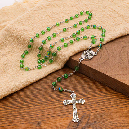 Green Crystallized Glass Beads Rosary Necklace with St. Michael Medal & Crucifix Handmade Christian Prayer Beads for Men & Women Catholic Religious Gift