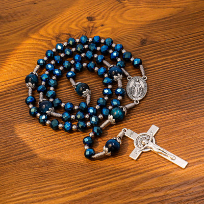 Blue Crystal Rosary Necklace with Tiger Eye Mystery Beads Silver-Plated Miraculous Medal & INRI Crucifix Handmade Catholic Prayer Beads Gift 