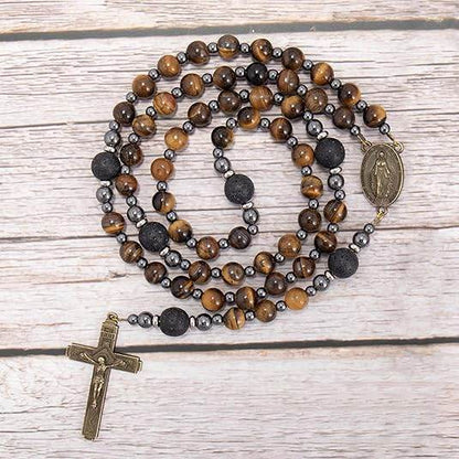 Brown Tiger Eye Catholic Rosary with Miraculous Medal & Cross Necklace for Men's - Nazareth Store