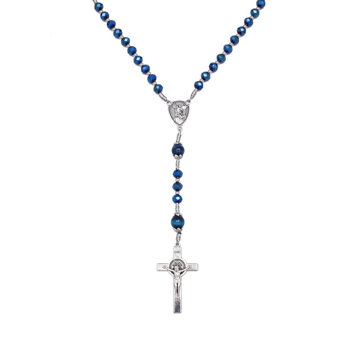 St Michael Blue Crystal Rosary Necklace with Tiger Eye Mystery Beads
