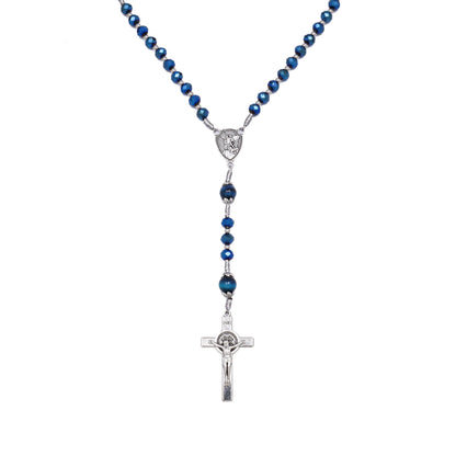 St Michael Blue Crystal Rosary Necklace with Tiger Eye Mystery Beads
