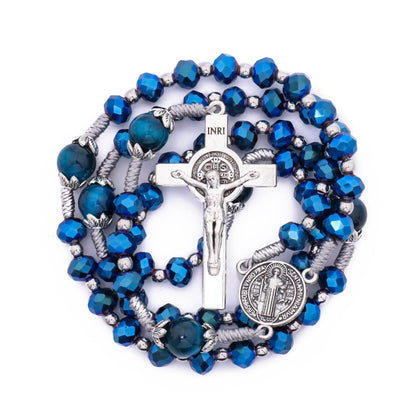 Blue Crystal Rosary Necklace with Tiger Eye Mystery Beads Silver-Plated St Benedict Medal & INRI Crucifix Handmade Catholic Prayer Beads Gift for Women & Men