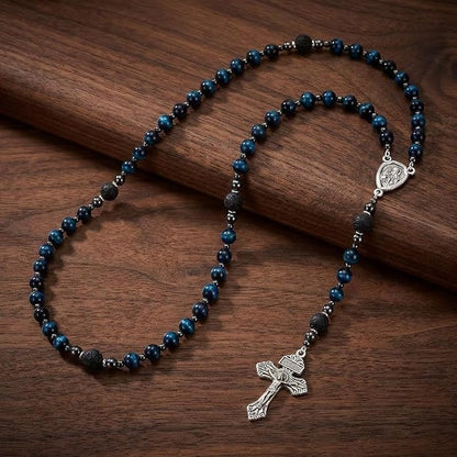 Blue Tiger Eye Rosary Necklace Lava Stone Prayer Beads with St. Joseph Medal & Crucifix - Nazareth Store 