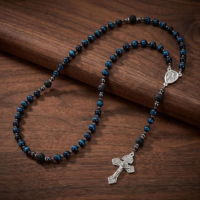 Blue Tiger Eye Rosary Necklace Lava Stone Prayer Beads with St. Joseph Medal & Crucifix - Nazareth Store 