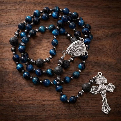 Blue Tiger Eye Rosary Necklace Lava Stone Prayer Beads with St. Joseph Medal & Crucifix - Nazareth Store 