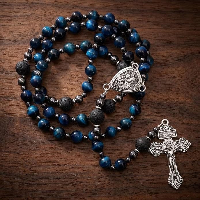 Blue Tiger Eye Rosary Necklace Lava Stone Prayer Beads with St. Joseph Medal & Crucifix - Nazareth Store 