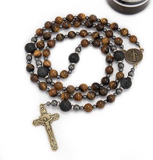 Brown Tiger Eye Catholic Rosary with St. Benedict Medal & Cross Necklace for Men's - Nazareth Store