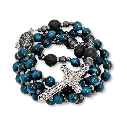 Men's Blue Tiger Eye Rosary with Lava Beads St. Benedict Medal & Cross - Nazareth Store