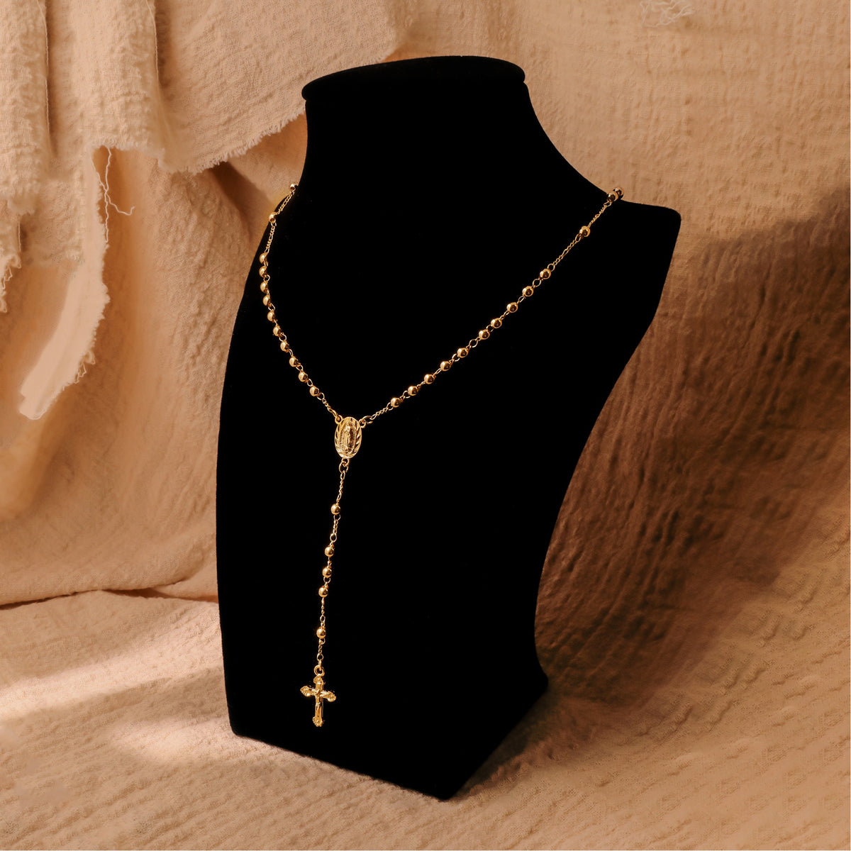 18K Gold Bronze Rosary Necklace Our Lady of Guadalupe & Crucifix with 4mm Prayer Beads (Copy)