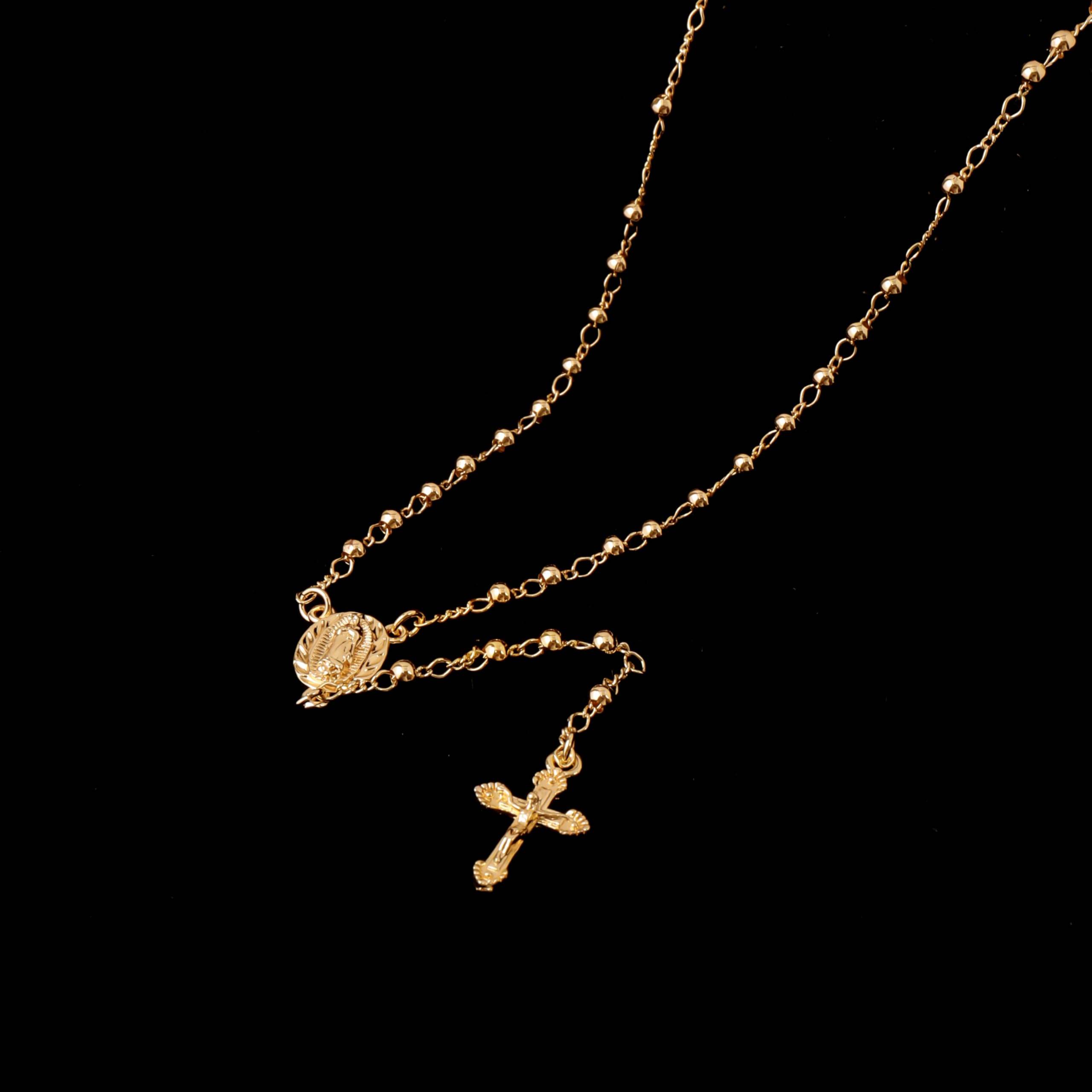 18K Gold Bronze Rosary Necklace Our Lady of Guadalupe & Crucifix with 3mm Prayer Beads - Nazareth Store