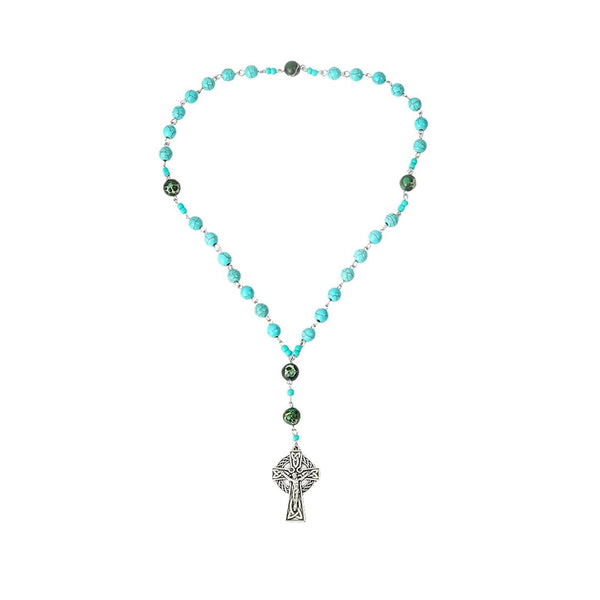 Turquoise Gemstone Beads Rosary Metal Beaded Prayer Rosary Celtic Cross Crucifix - Nazareth Store