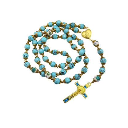 Turquoise Glass Rosary Necklace Flower Mystery Beads with Miraculous Medal & St. Benedict Crucifix - Nazareth Store