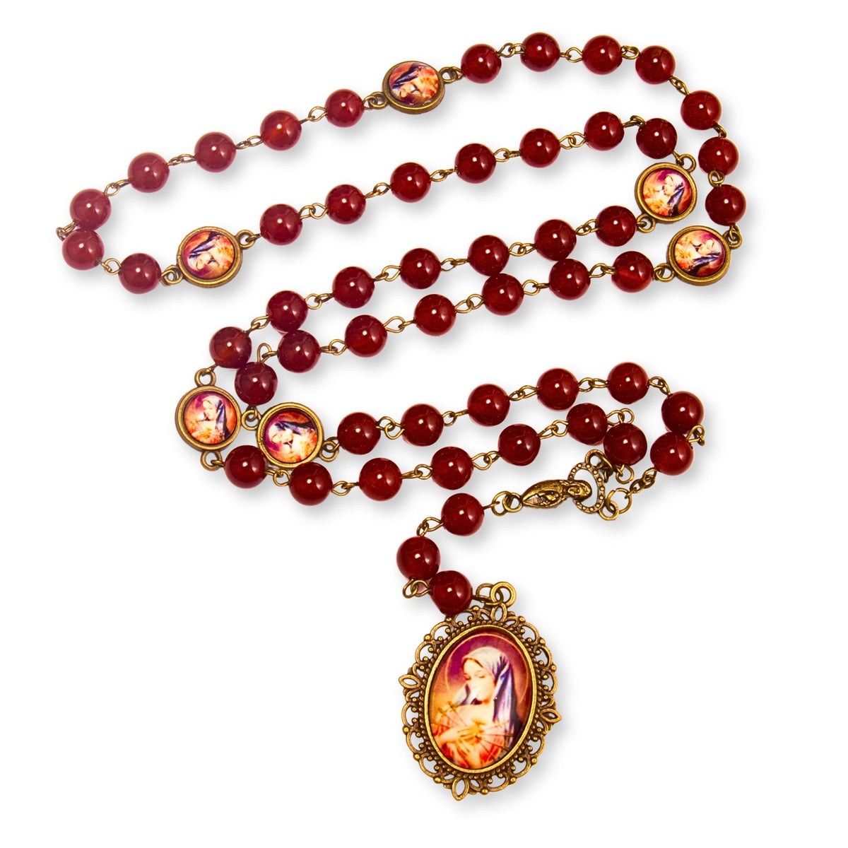 Our Lady of Sorrows Stone Beads Rosary Necklace with Epoxy 7 Sorrows Medallion - Nazareth Store