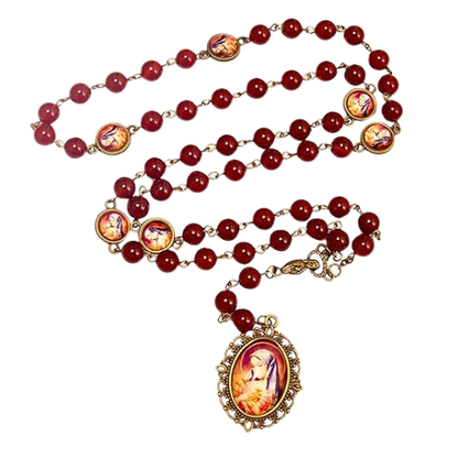 Our Lady of Sorrows Stone Beads Rosary Necklace with Epoxy 7 Sorrows Medallion