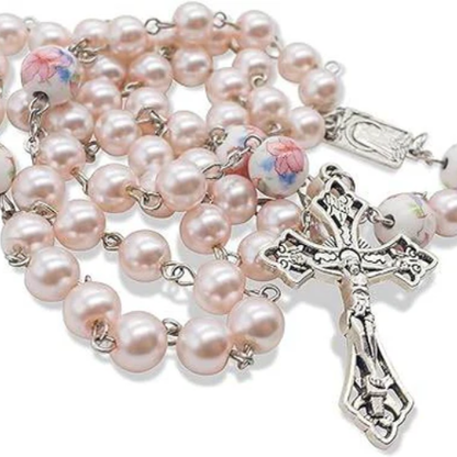 White Flowers Pink Pearl Rosary Beads Miraculous Medal & Cross Crucifix