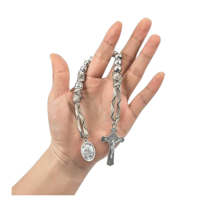 Silberperlen Braun Paracord Pocket Car Rosenkranz St. Joseph Medaille &amp; St. Benedikt Kreuz