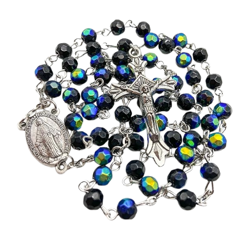 Catholic Rosary Necklace Black Blue Crystal Beads with Miraculous Medal