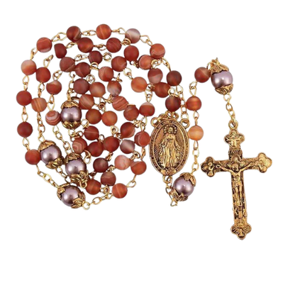 Matte Stone & Pearl Round Beads Rosary Gold Necklace Miraculous Medal & Cross