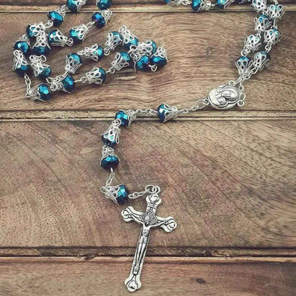 Blue Crystal Rosary Necklace Holy Soil Medal 6mm Beads