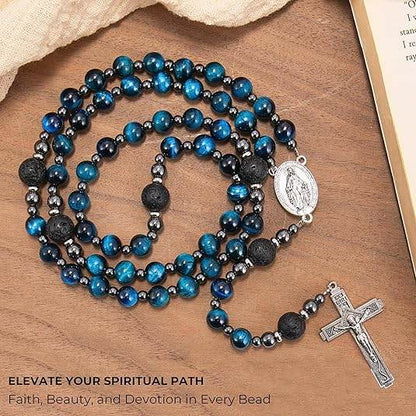 Men's Blue Tiger Eye Rosary with Lava Beads Miraculous Medal & Cross Rosary Necklace - Nazareth Store