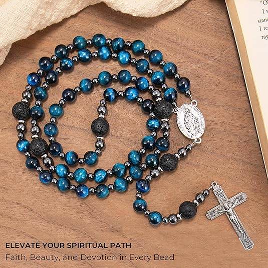 Men's Blue Tiger Eye Rosary with Lava Beads Miraculous Medal & Cross Rosary Necklace - Nazareth Store