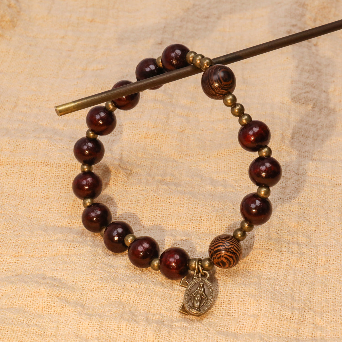 Dark Brown Wooden Bead Rosary Bracelet with Antique Bronze Miraculous Medal & Cross