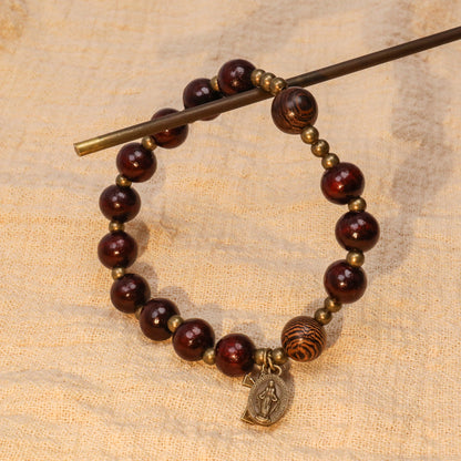 Dark Brown Wooden Bead Rosary Bracelet with Antique Bronze Miraculous Medal & Cross
