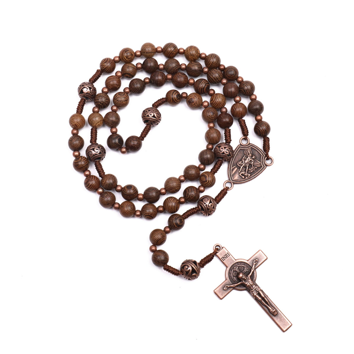 Walnut wood St. Michael rosary necklace with bronze crucifix