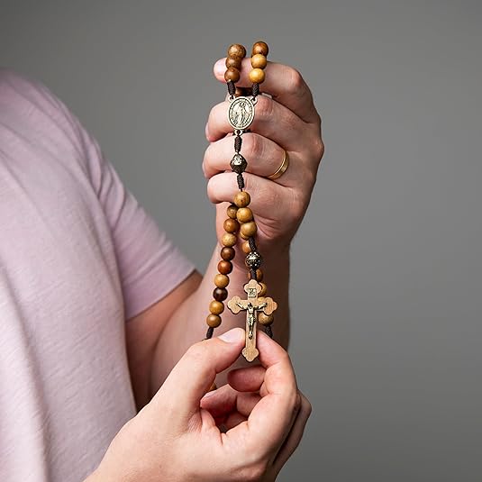 Walnut Wood Beads Rosary Necklace Catholic Prayer Beads with Our Lady Medal & Sacred Metal Cross - Nazareth Store
