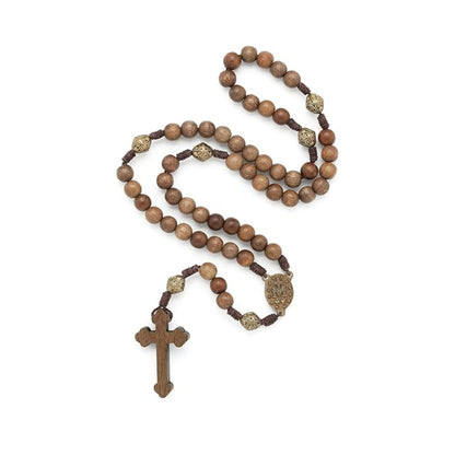 Walnut Wood Beads Rosary Necklace Catholic Prayer Beads with Our Lady Medal & Sacred Metal Cross - Nazareth Store