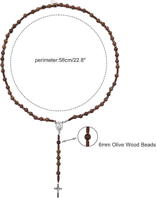 Olive Wooden Rosary Bracelet Necklace with Miraculous Medal & Crucifix Cross Wearable Religious Gift