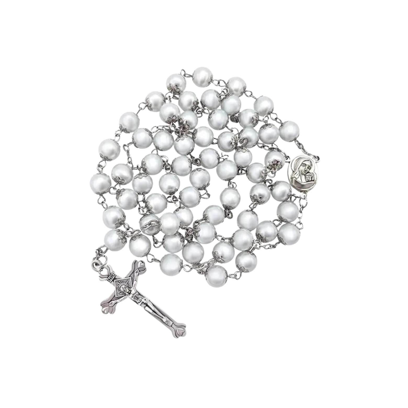 Wedding White Pearl Rosary Necklace with Holy Soil Medal & Jesus Cross Crucifix - Nazareth Store