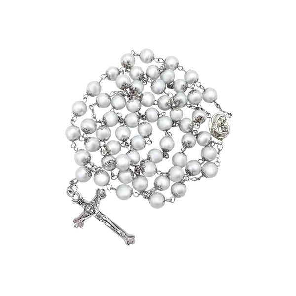 Wedding White Pearl Rosary Necklace with Holy Soil Medal & Jesus Cross Crucifix - Nazareth Store