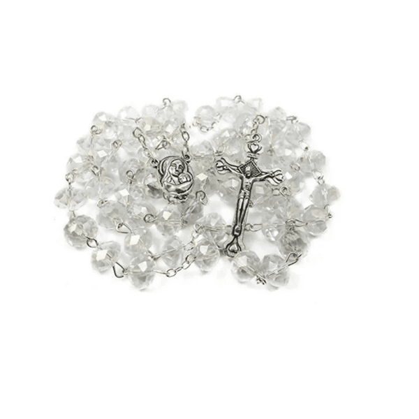 White Crystal Rosary Beads Necklace Holy Soil Medal & Cross Crucifix - Nazareth Store