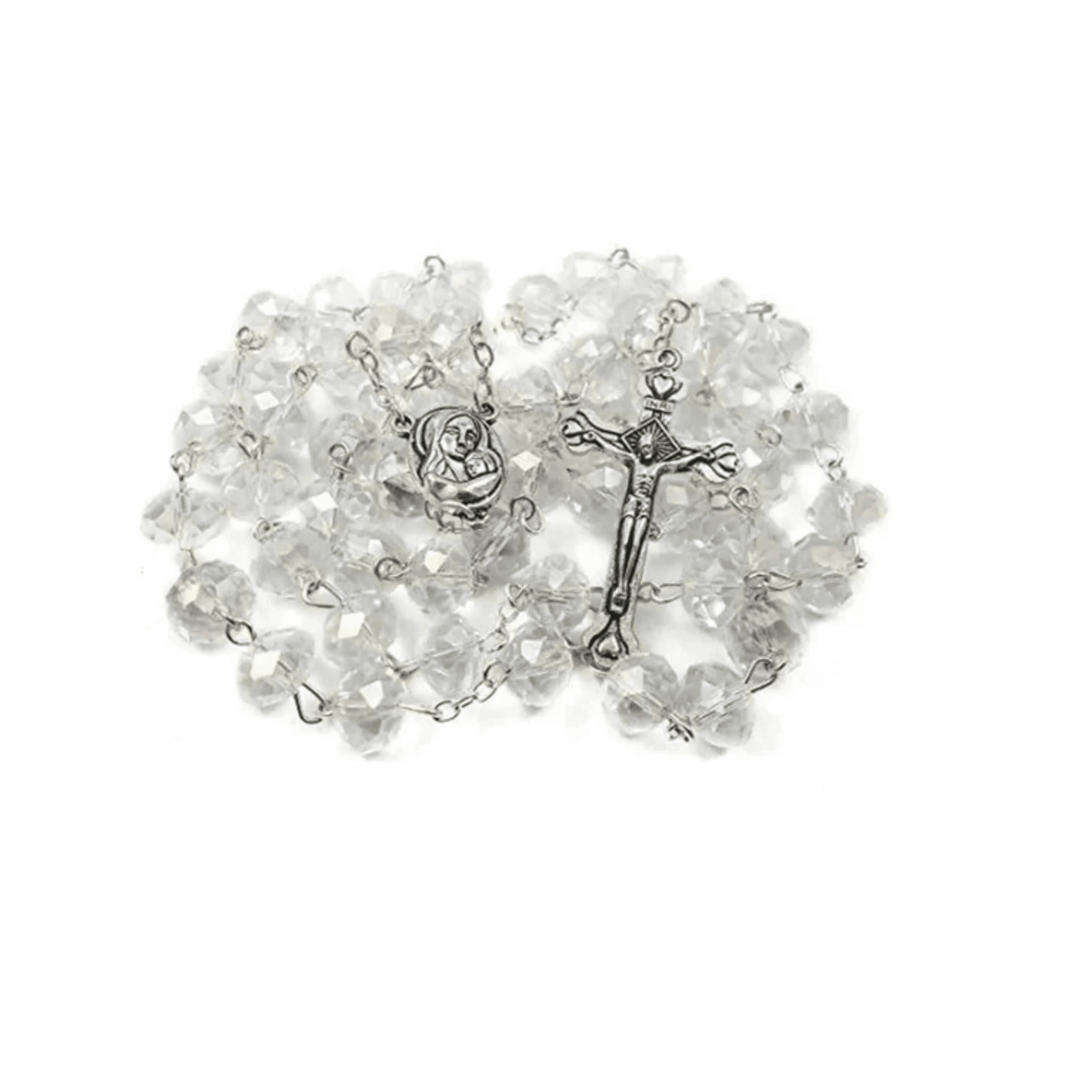 White Crystal Rosary Beads Necklace Holy Soil Medal & Cross Crucifix
