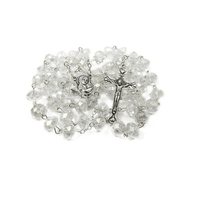 White Crystal Rosary Beads Necklace Holy Soil Medal & Cross Crucifix