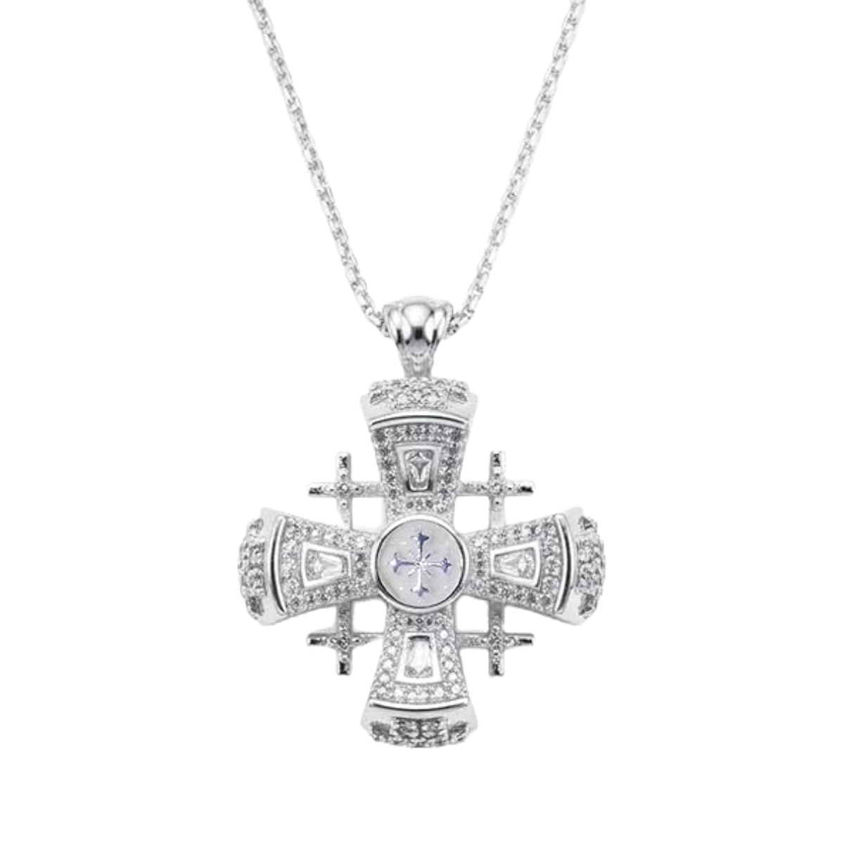 White Enamel Jerusalem Cross Pendant Stainless Steel Silver Plated Necklace