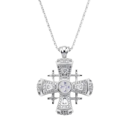 White Enamel Jerusalem Cross Pendant Stainless Steel Silver Plated Necklace