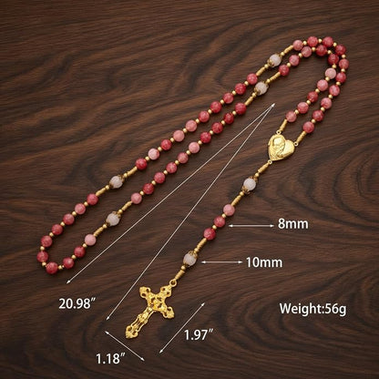 Strawberry Quartz Rosary Necklace White Jade Beads with Our Lady of Grace Heart Locket Medal & Cross - Nazareth Store