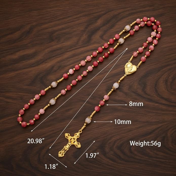 Strawberry Quartz Rosary Necklace White Jade Beads with Our Lady of Grace Heart Locket Medal & Cross - Nazareth Store