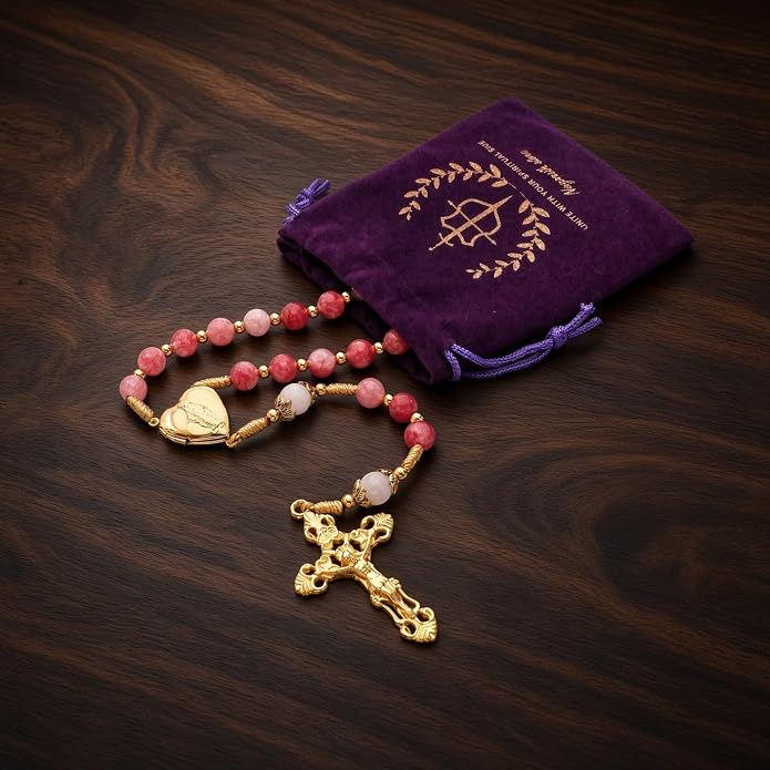 Strawberry Quartz Rosary Necklace White Jade Beads with Our Lady of Grace Heart Locket Medal & Cross - Nazareth Store