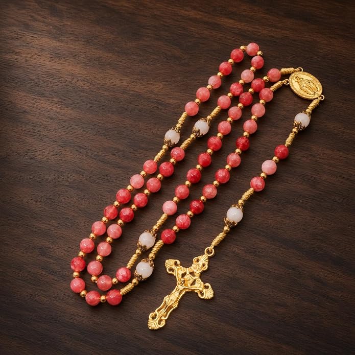 Strawberry Quartz Rosary Necklace White Jade Beads with Miraculous Medal & Cross - Nazareth Store