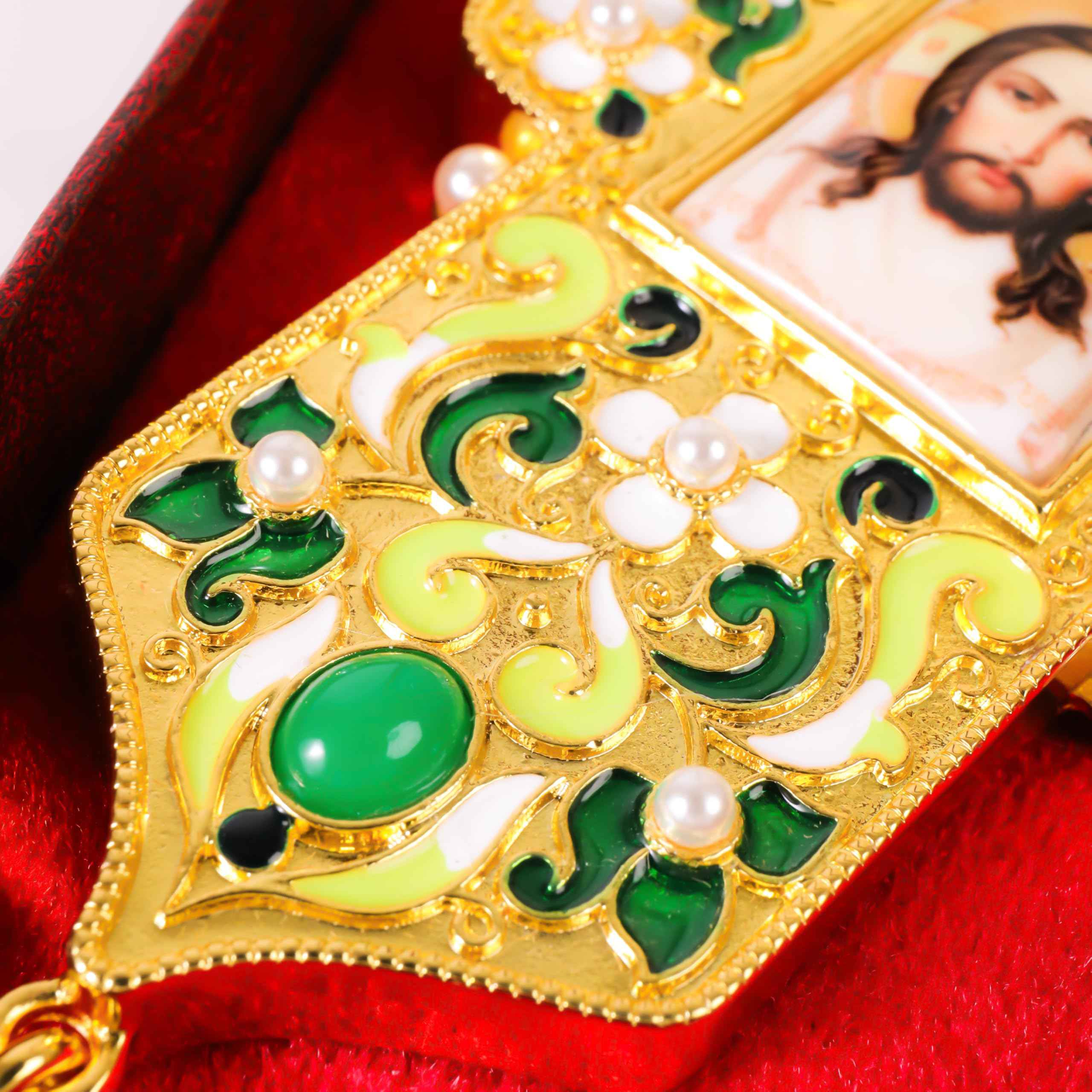 Green Enamel Orthodox Cross Pendant Gold Plated Crucifix Necklace