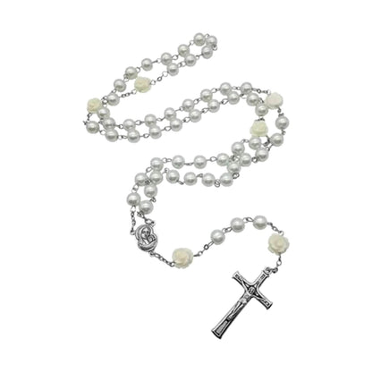 White Pearl Beads Rosary Necklace with Our Rose Lourdes Medal & Cross Crucifix - Nazareth Store