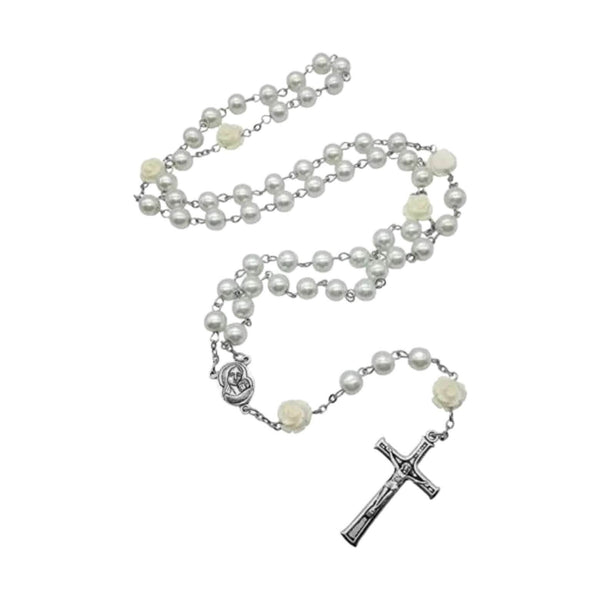 White Pearl Beads Rosary Necklace with Our Rose Lourdes Medal & Cross Crucifix - Nazareth Store