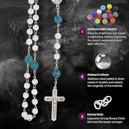 White with Blue Beads Rhinestones Crystal Beads Rosary Necklace - Nazareth Store
